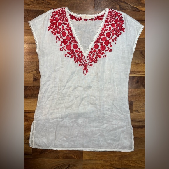 Tory Burch Tops - Tory Burch Linen Tunic Top M White Red Embroidered Boho Cover Up